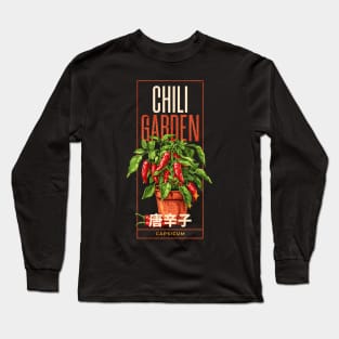 Chili garden design with a chili plant, CAPSICUM, chili fruits and japanese text japanese Typography orange style Long Sleeve T-Shirt